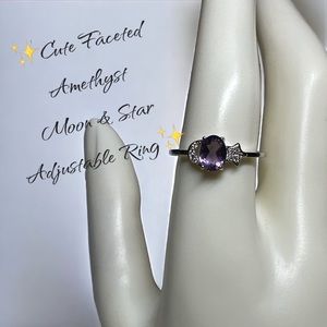 ✨Cute Faceted Amethyst Moon and Star Adjustable Ring✨